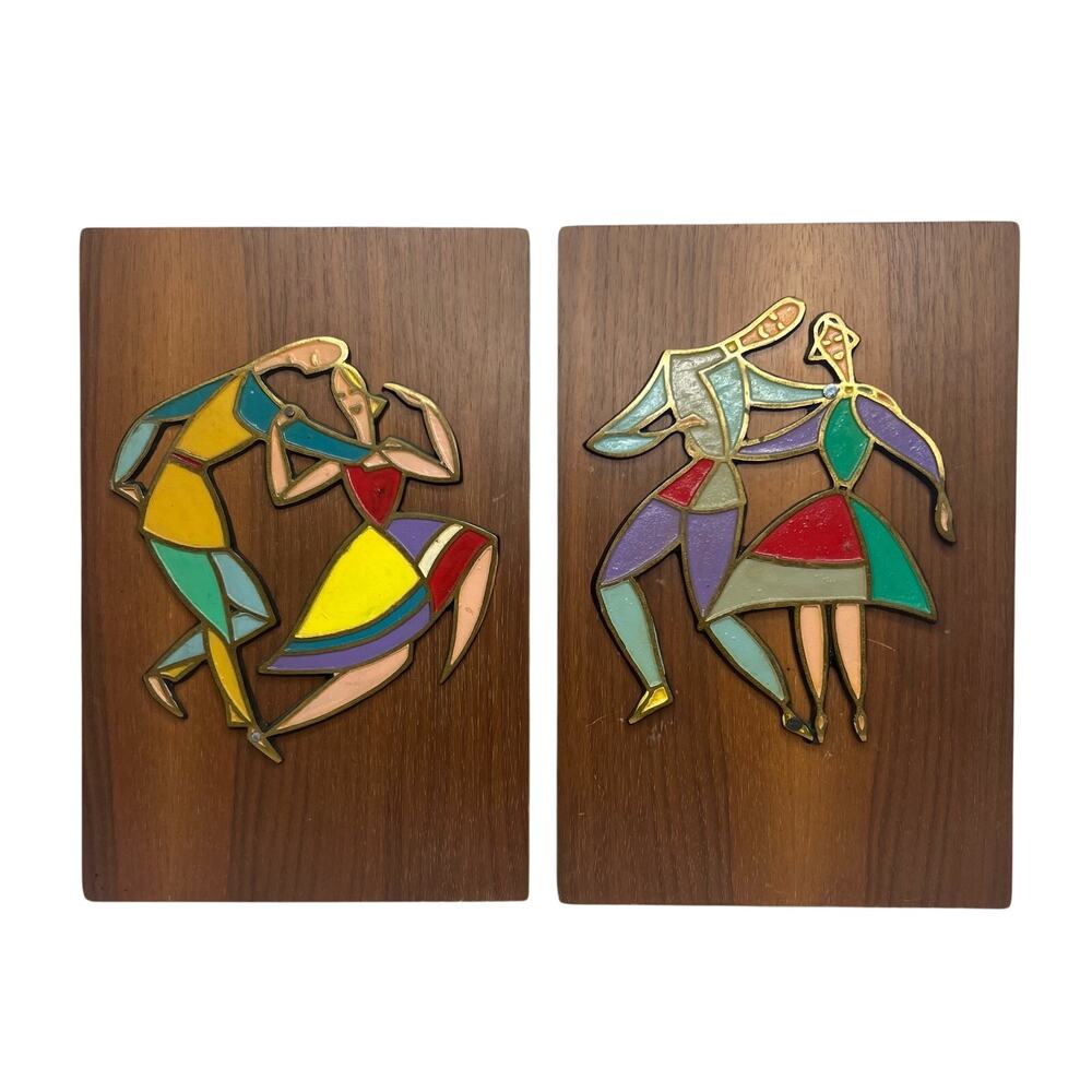 Mid Century Enamel on Brass Wood Dancers Plaques Dayagi Israel Style Vintage